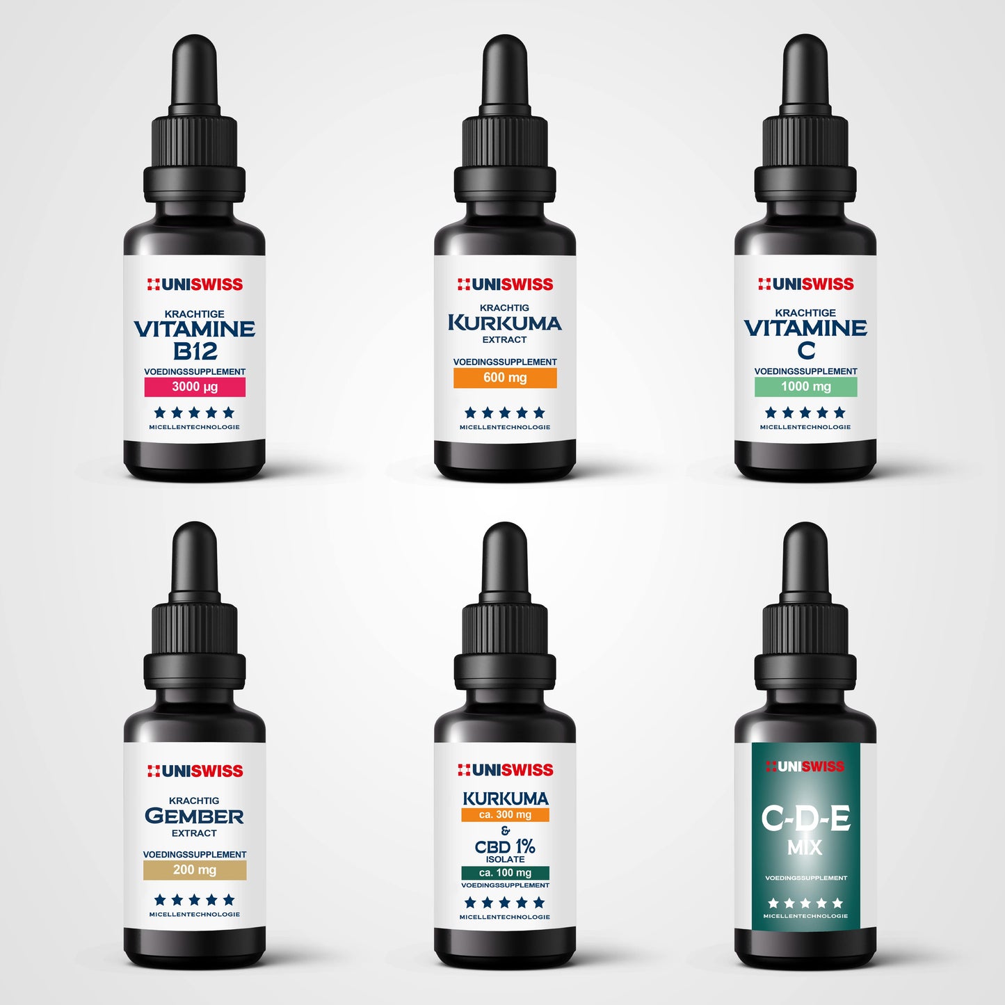 UniSwiss Dagelijkse Supplementendisplay - 6 premium Flesjes om zelf te combineren