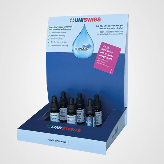 UniSwiss Dagelijkse Supplementendisplay - 6 premium Flesjes om zelf te combineren